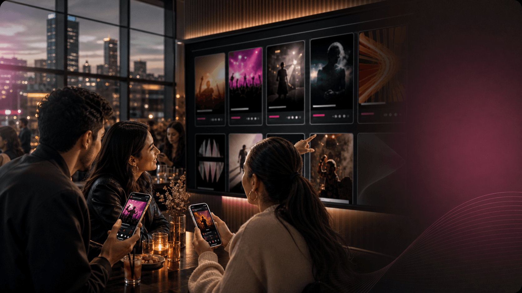 Personas explorando una cartelera digital de eventos en un lounge